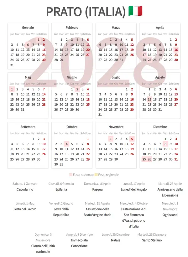 Calendario Lavorativo 2028, Prato (Italia)