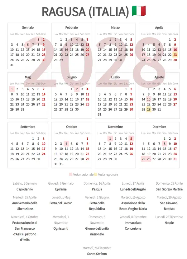 Calendario Lavorativo 2028, Ragusa (Italia)