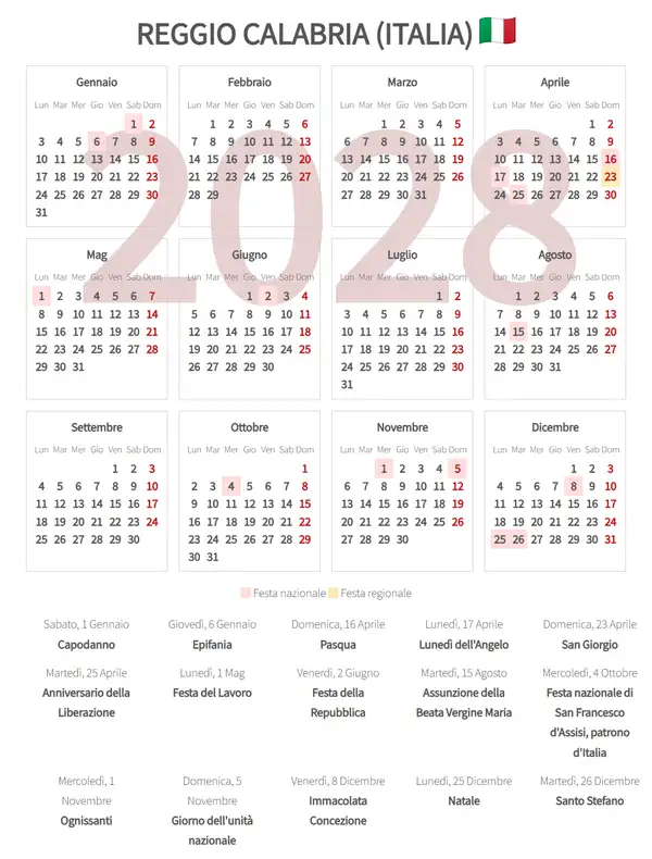 Calendario Lavorativo 2028, Reggio calabria (Italia)