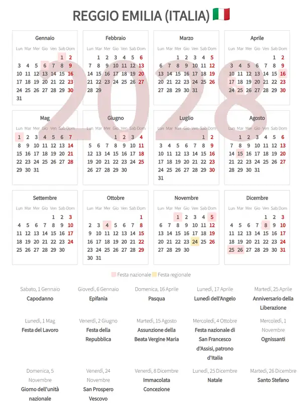 Calendario Lavorativo 2028, Reggio emilia (Italia)