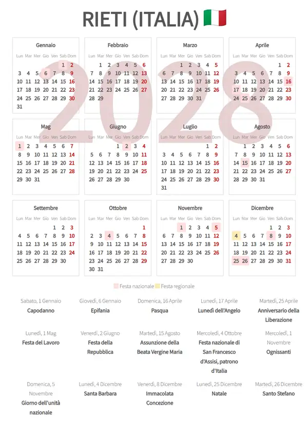 Calendario Lavorativo 2028, Rieti (Italia)