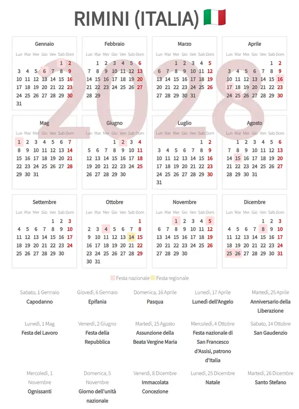 Calendario Lavorativo 2028, Rimini (Italia)