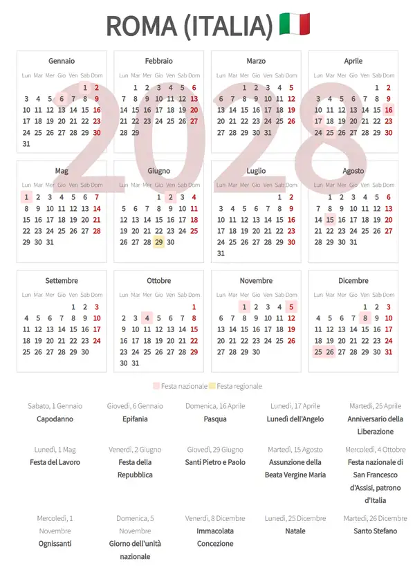 Calendario Lavorativo 2028, Roma (Italia)