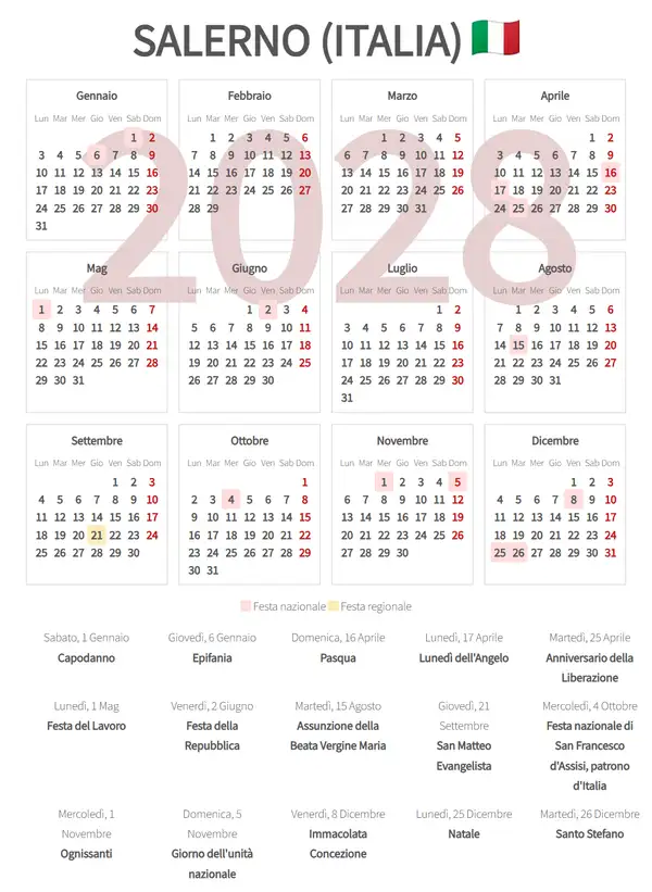 Calendario Lavorativo 2028, Salerno (Italia)