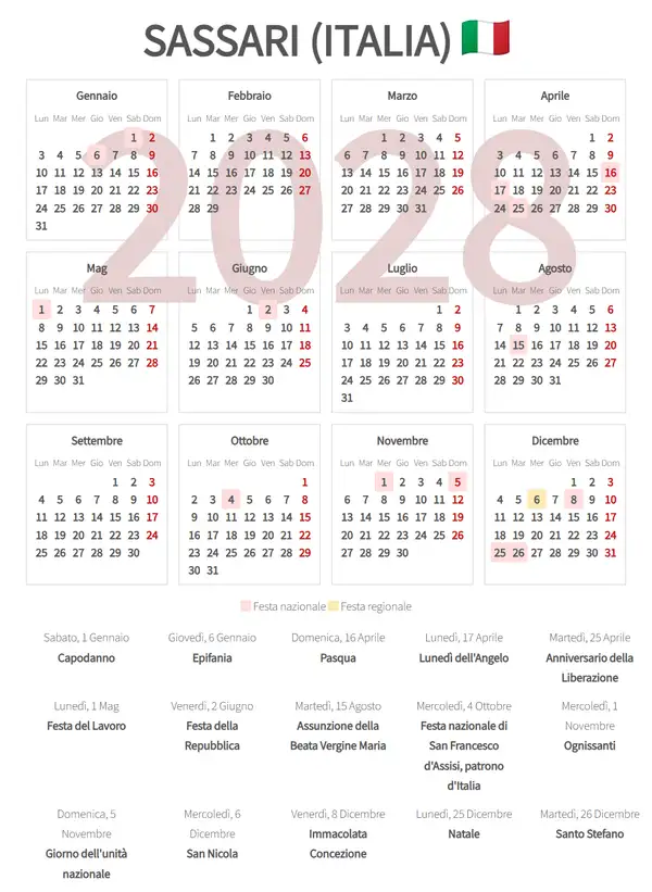 Calendario Lavorativo 2028, Sassari (Italia)