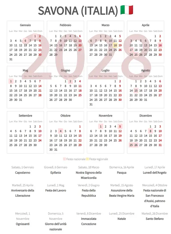 Calendario Lavorativo 2028, Savona (Italia)