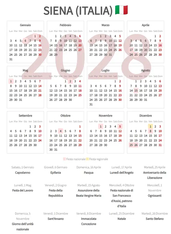 Calendario Lavorativo 2028, Siena (Italia)