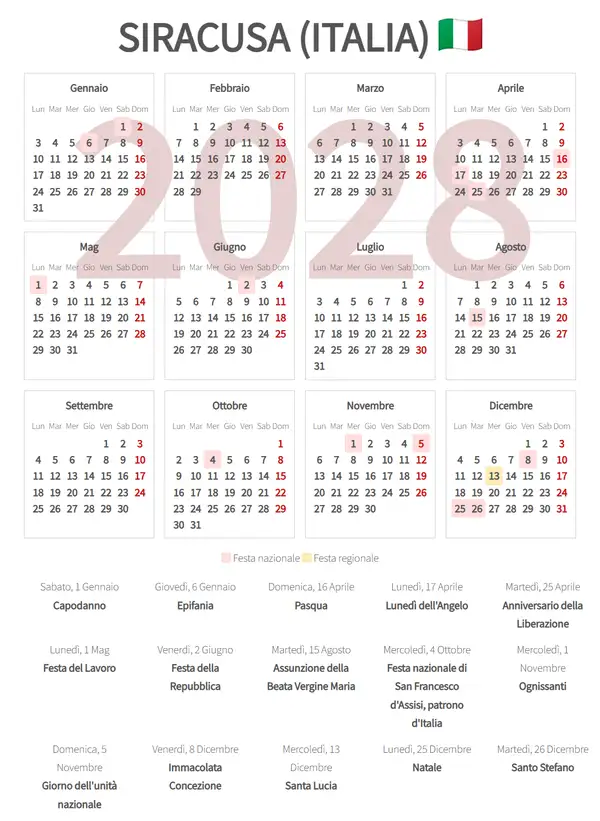Calendario Lavorativo 2028, Siracusa (Italia)