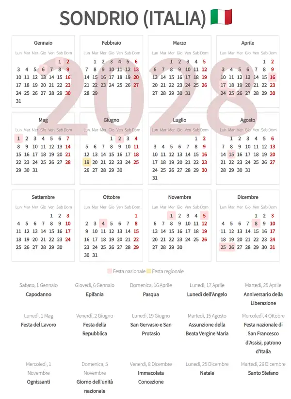 Calendario Lavorativo 2028, Sondrio (Italia)