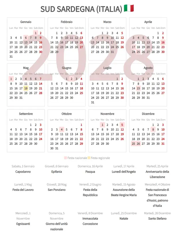 Calendario Lavorativo 2028, Sud sardegna (Italia)