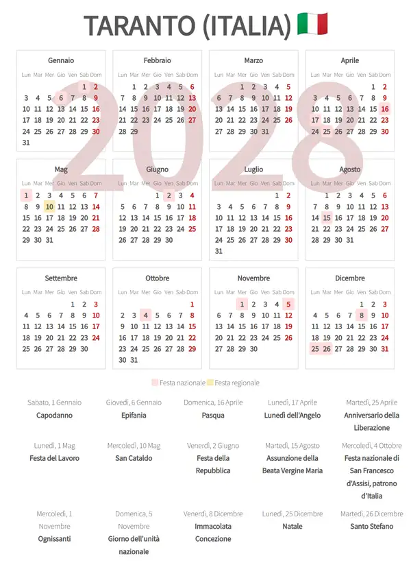 Calendario Lavorativo 2028, Taranto (Italia)