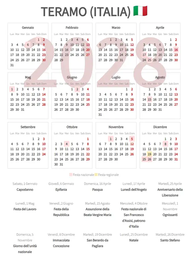 Calendario Lavorativo 2028, Teramo (Italia)