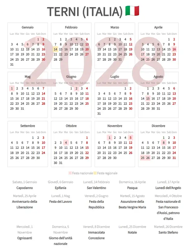 Calendario Lavorativo 2028, Terni (Italia)