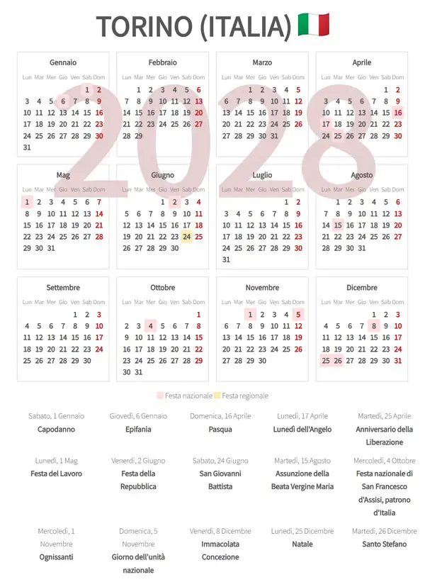 Calendario Lavorativo 2028, Torino (Italia)