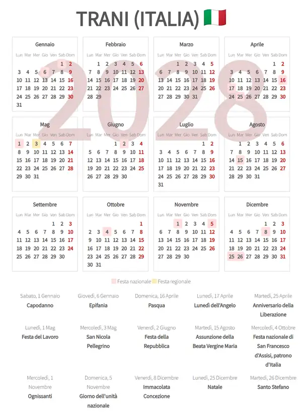 Calendario Lavorativo 2028, Trani (Italia)