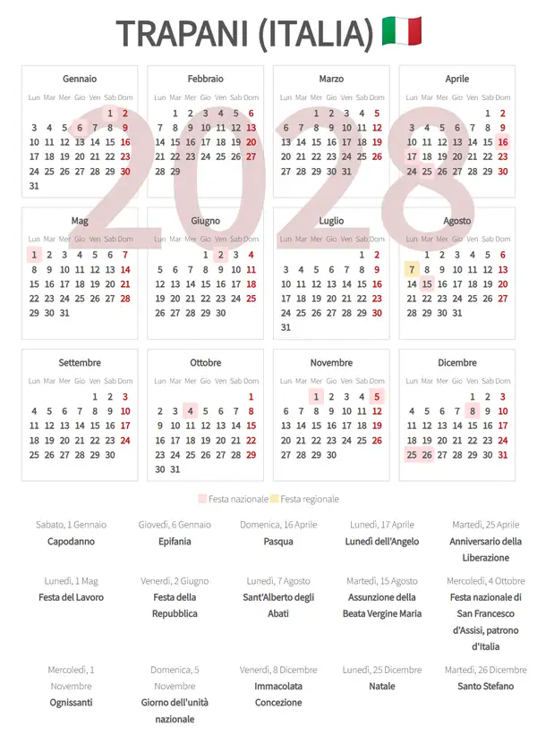 Calendario Lavorativo 2028, Trapani (Italia)