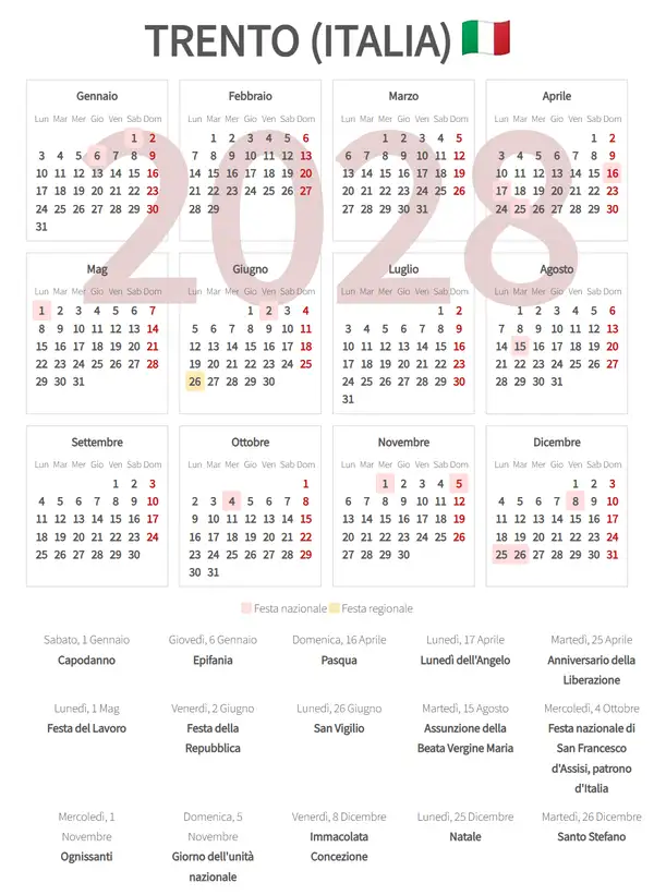 Calendario Lavorativo 2028, Trento (Italia)