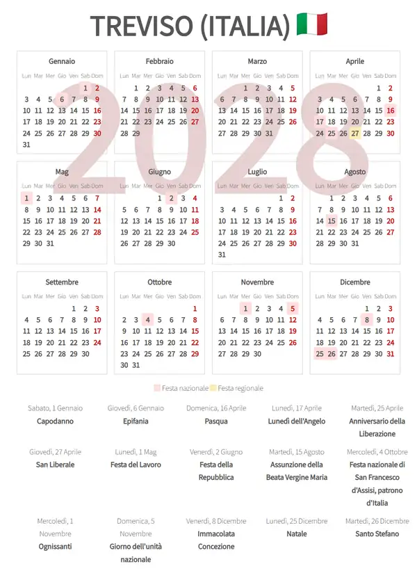 Calendario Lavorativo 2028, Treviso (Italia)