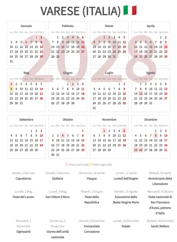 Calendario Lavorativo 2028, Varese (Italia)