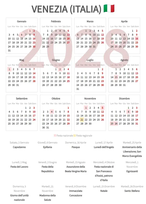 Calendario Lavorativo 2028, Venezia (Italia)