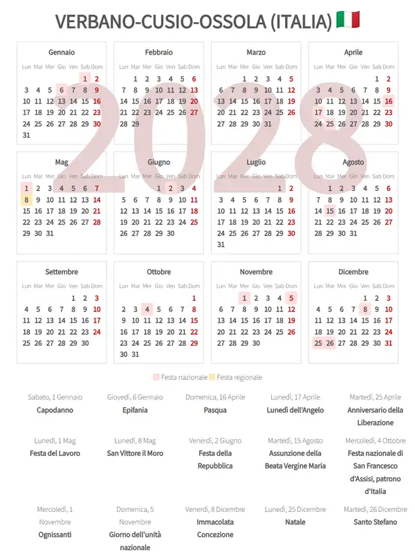 Calendario Lavorativo 2028, Verbano-cusio-ossola (Italia)