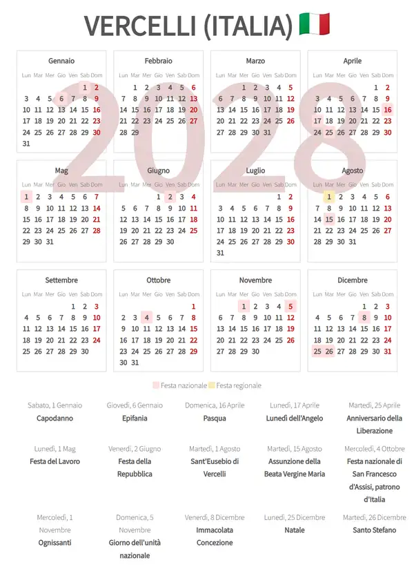 Calendario Lavorativo 2028, Vercelli (Italia)