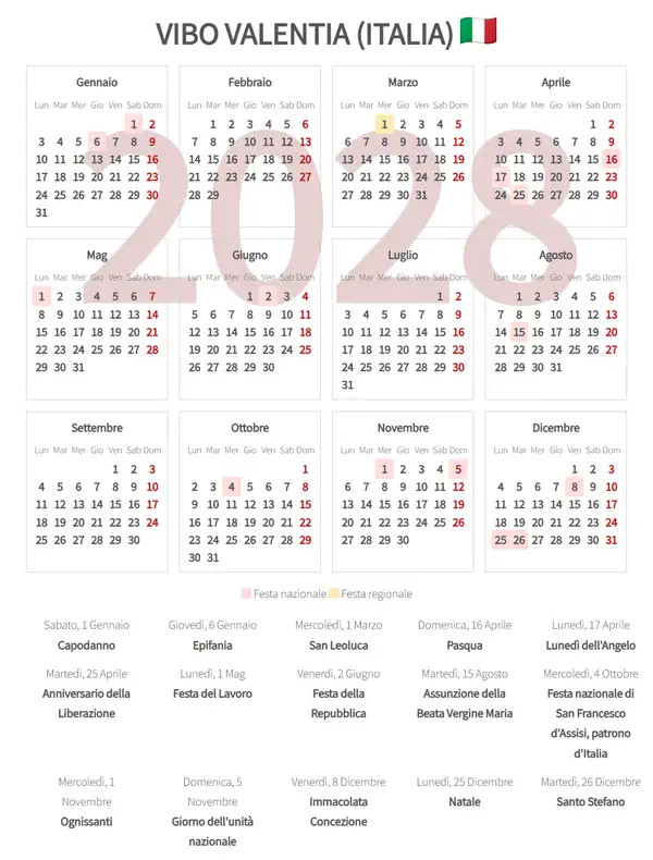 Calendario Lavorativo 2028, Vibo valentia (Italia)