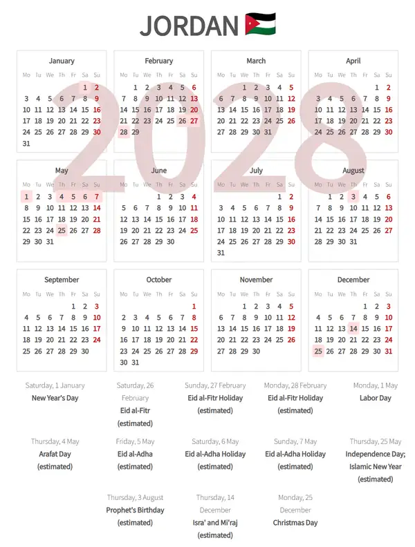 Work Calendar 2028, Jordan - Public Holidays