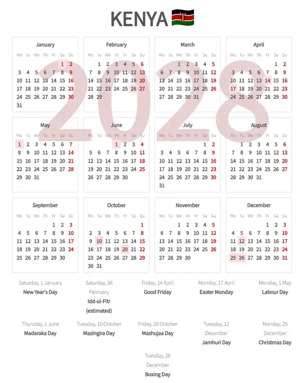 Work Calendar 2028, Kenya - Public Holidays