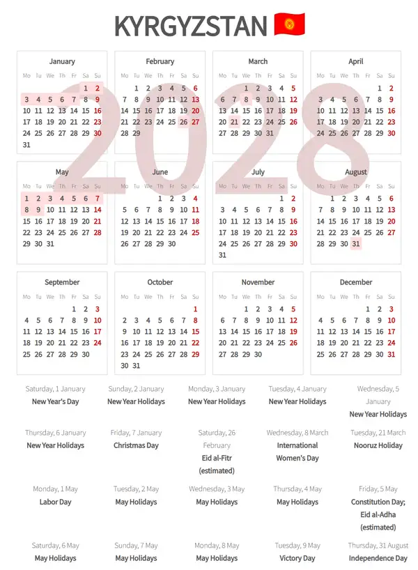 Work Calendar 2028, Kyrgyzstan - Public Holidays