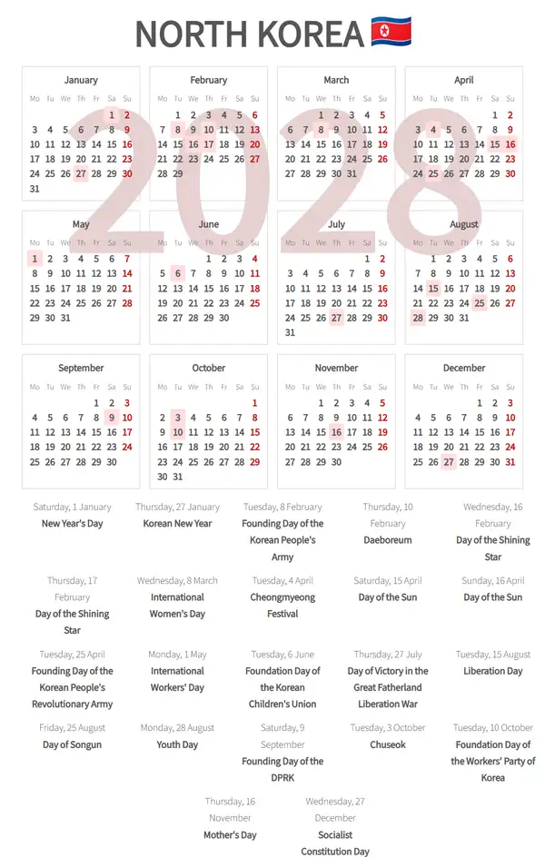 Work Calendar 2028, North korea - Public Holidays