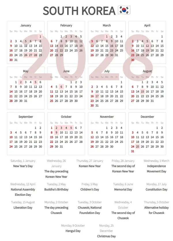 Work Calendar 2028, South korea - Public Holidays