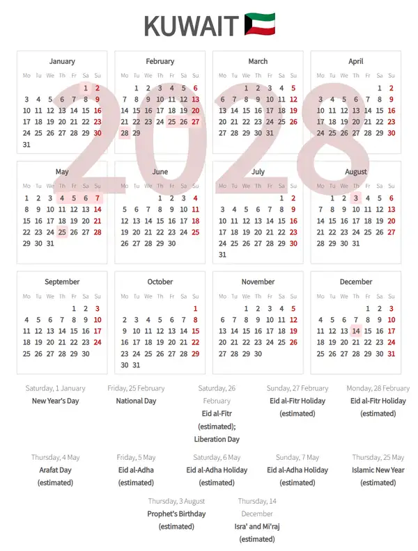 Work Calendar 2028, Kuwait - Public Holidays