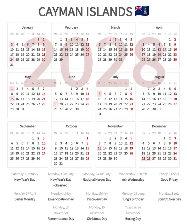 Work Calendar 2028, Cayman islands - Public Holidays