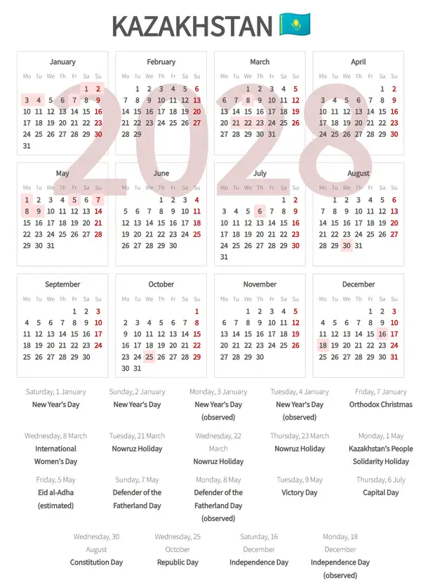 Work Calendar 2028, Kazakhstan - Public Holidays