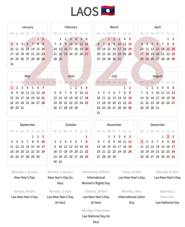 Work Calendar 2028, Laos - Public Holidays
