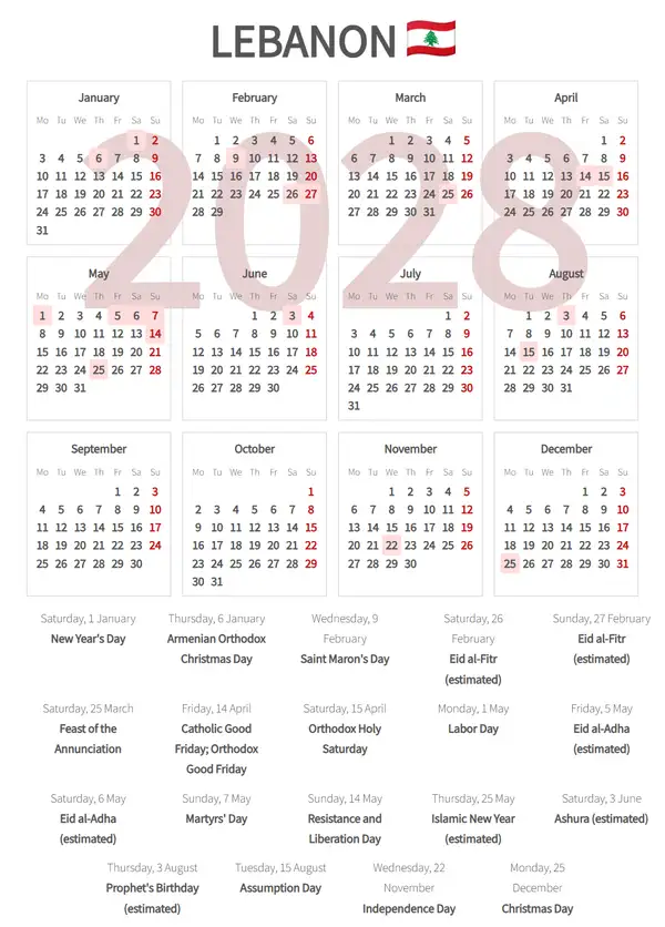 Work Calendar 2028, Lebanon - Public Holidays