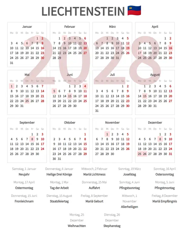 Arbeitskalender 2028 für Liechtenstein - Feiertage