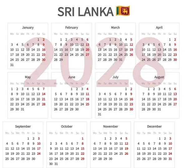 Work Calendar 2028, Sri lanka - Public Holidays