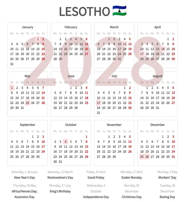 Work Calendar 2028, Lesotho - Public Holidays