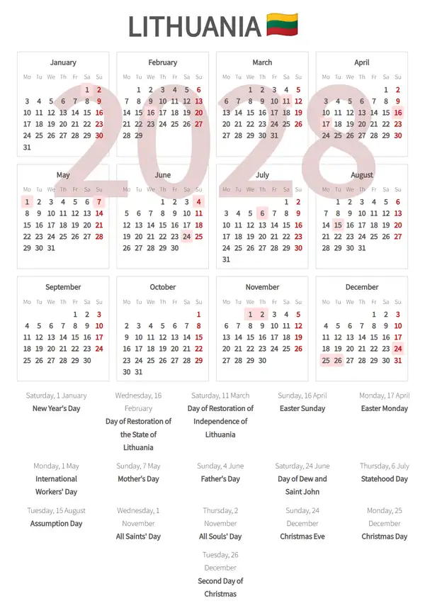 Work Calendar 2028, Lithuania - Public Holidays