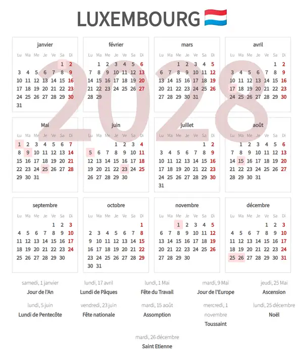 Calendrier de Travail 2028 de Luxembourg