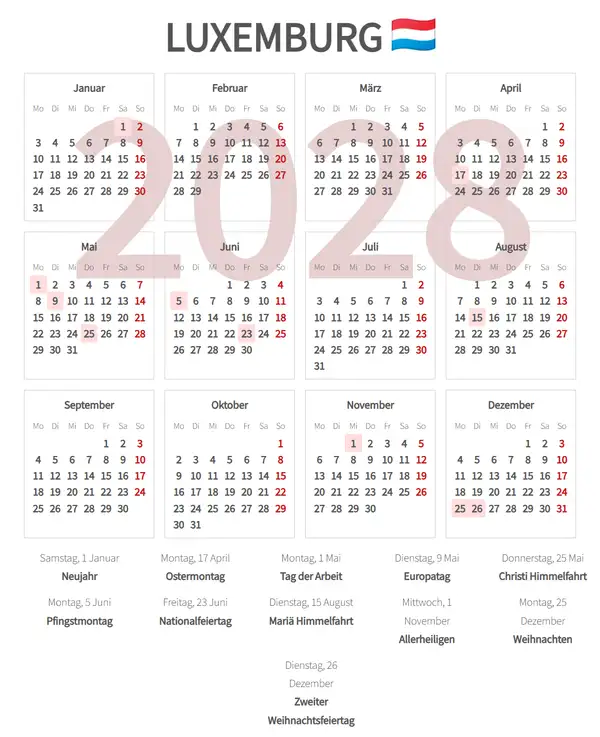 Arbeitskalender 2028 für Luxemburg - Feiertage