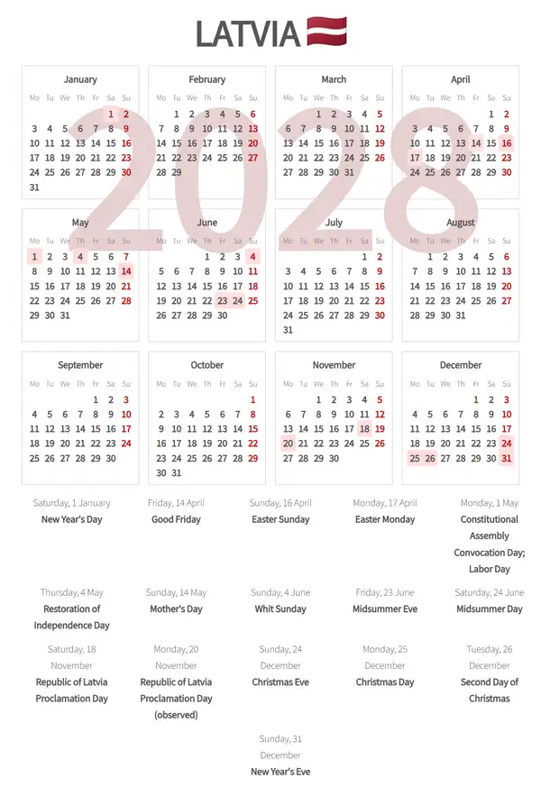 Work Calendar 2028, Latvia - Public Holidays