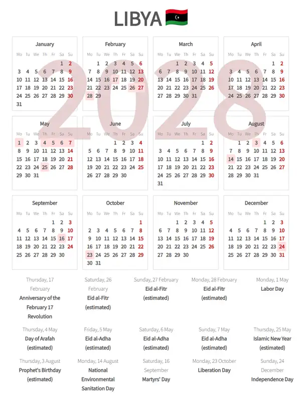 Work Calendar 2028, Libya - Public Holidays