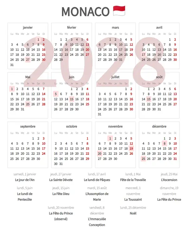 Calendrier de Travail 2028 de Monaco