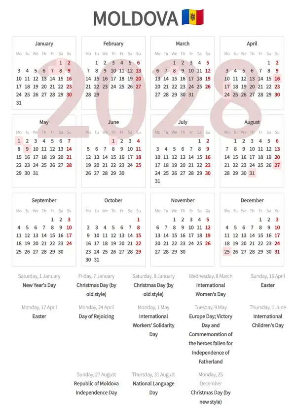 Work Calendar 2028, Moldova - Public Holidays