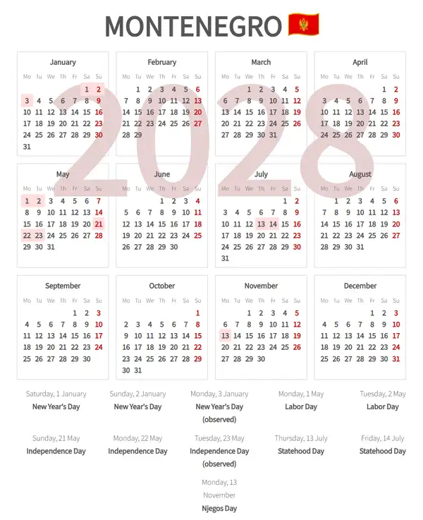 Work Calendar 2028, Montenegro - Public Holidays