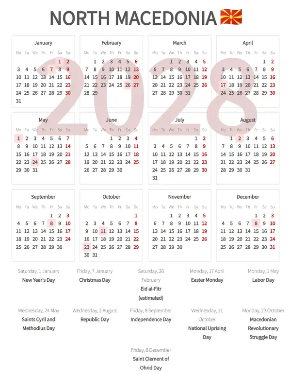 Work Calendar 2028, North macedonia - Public Holidays