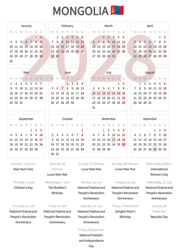 Work Calendar 2028, Mongolia - Public Holidays
